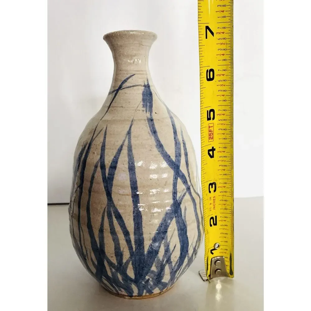 Vintage Blue Bamboo Hand Thrown Round Bottom Slender Neck Signed 1972 Pottery
